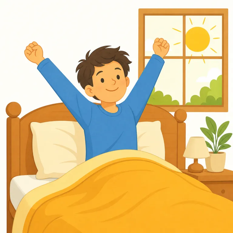 rise and shine（さあ起きて！・イディオム）の覚え方イラスト — rise は『上がる・起き上がる』、shine は『輝く』
