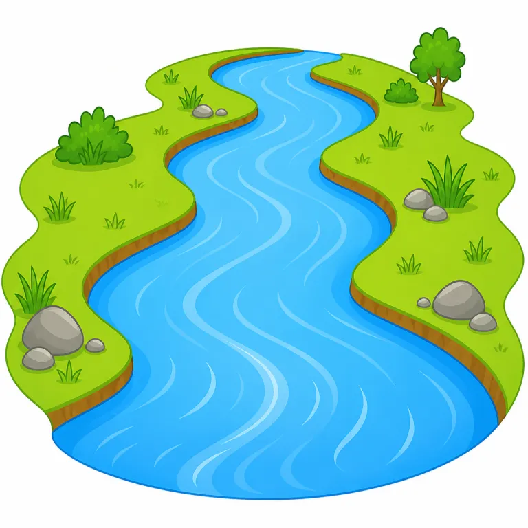 river（川・名詞）の覚え方イラスト — まず stream と比べると覚えやすく、stream は小川・細い流れ、river は町や地図にしっかり現れる規模の大きい流れ