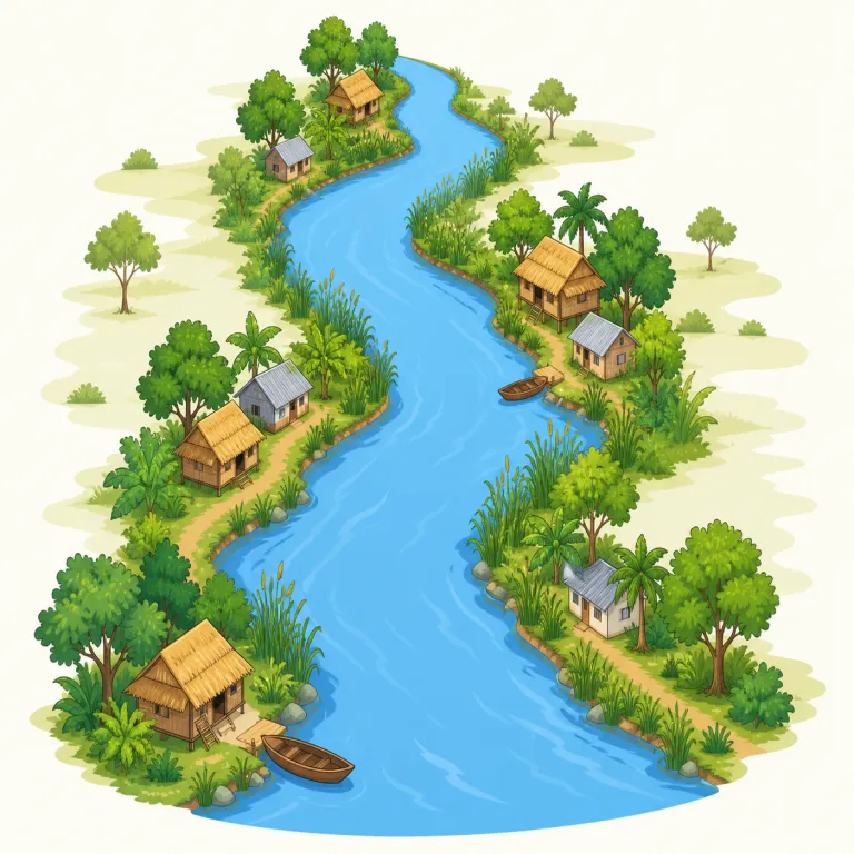 riverine（川沿い・形容詞）の覚え方イラスト — まず中心にあるのはやさしい単語 river