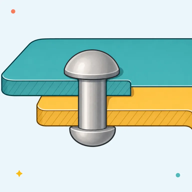 rivet（リベット・名詞）の覚え方イラスト — 建築の名詞としては「金属板どうしをぎゅっと固定する小さな留め具」と覚えるとよいです