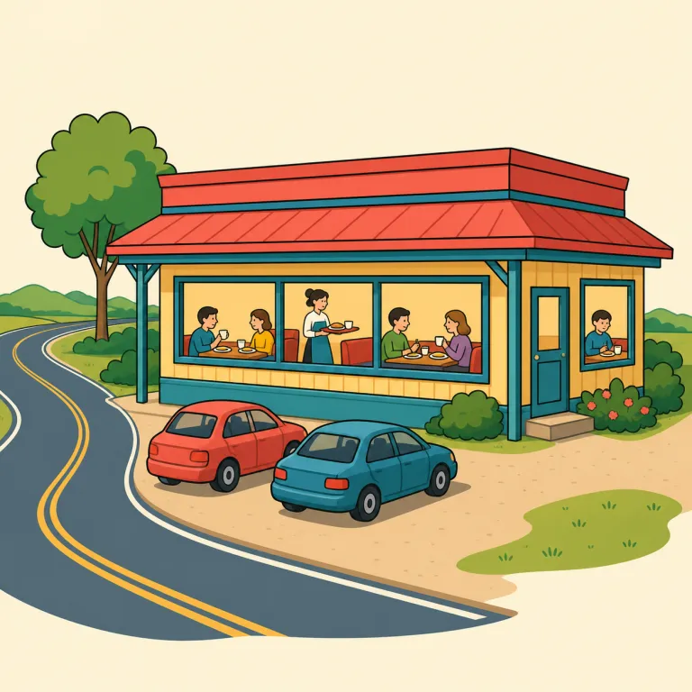 roadhouse（街道沿いの飲食店・名詞）の覚え方イラスト — road と house をそのまま重ねて、「道の途中で入る家・店」と置くと覚えやすい