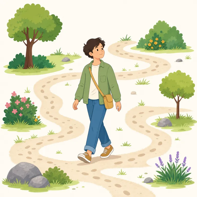 roam（歩き回る・動詞）の覚え方イラスト — roam は go や walk よりも、行き先を細かく決めずに広い範囲を動く感じがあります