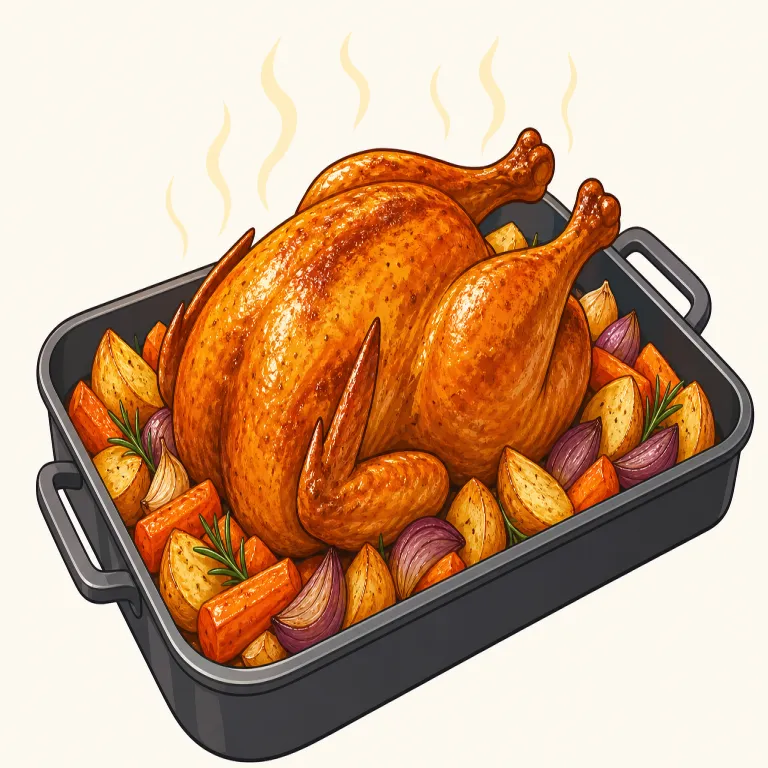 roast（焼く・動詞）の覚え方イラスト — roast chicken の roast を知っていると覚えやすい語