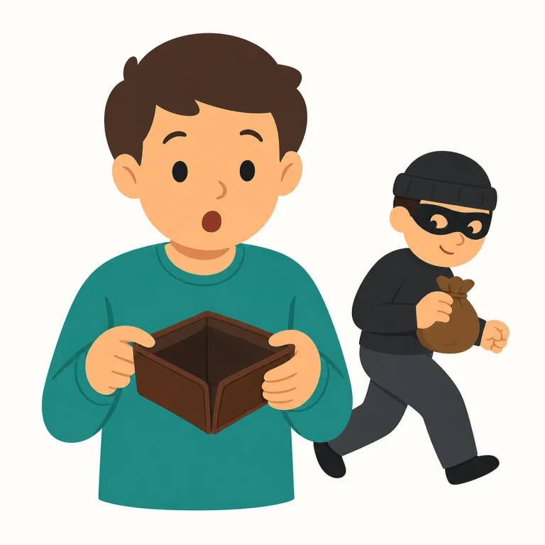 rob（奪う・動詞）の覚え方イラスト — rob は robber（強盗）, robbery（強盗事件）と一緒に覚えると記憶に残りやすい語