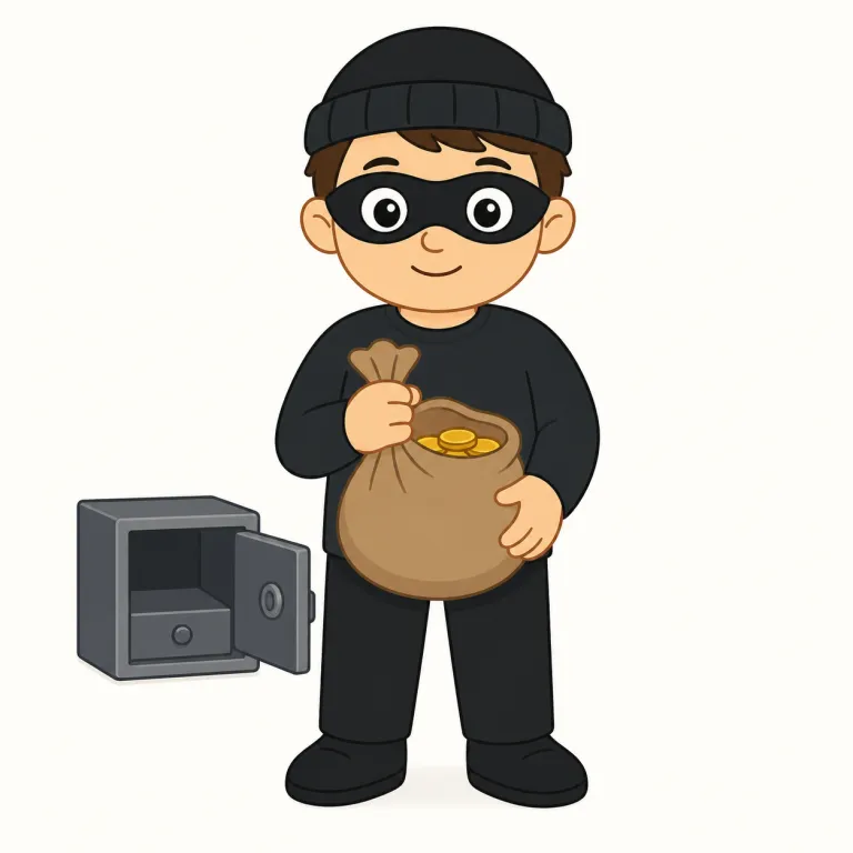 robber（強盗・名詞）の覚え方イラスト — robber は rob「奪う」に -er が付いた語で、金品を奪う人を表します