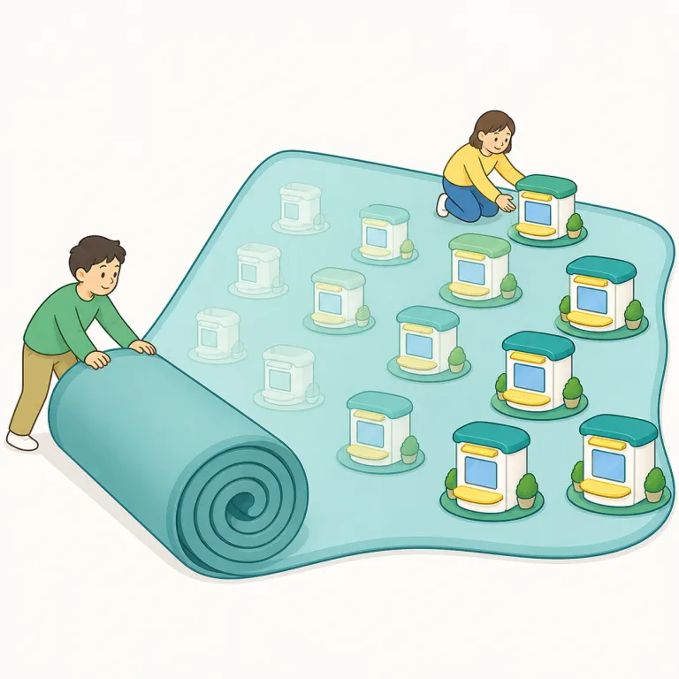 roll out（展開する・句動詞）の覚え方イラスト — この意味では、roll out は新しい製品・制度・サービスを準備段階から公に出し、使える範囲を広げていくことを表します