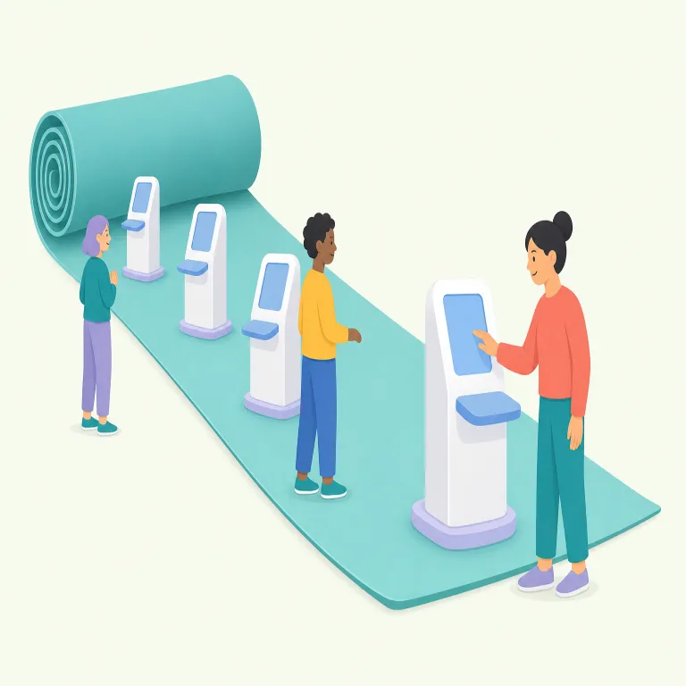 rollout（導入・名詞）の覚え方イラスト — 巻いた物を roll out して少しずつ広げる場面から、新製品や制度を利用者へ展開する様子を連想するとよい