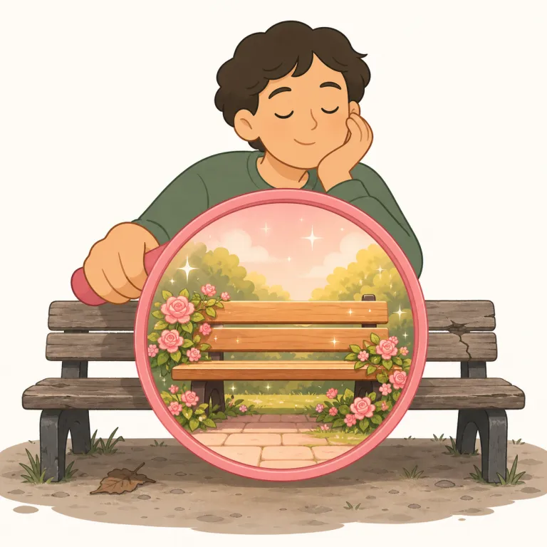 romanticize（美化する、理想化する・動詞）の覚え方イラスト — romantic＋-ize で「ロマンチックにしてしまう」と捉えると覚えやすいです