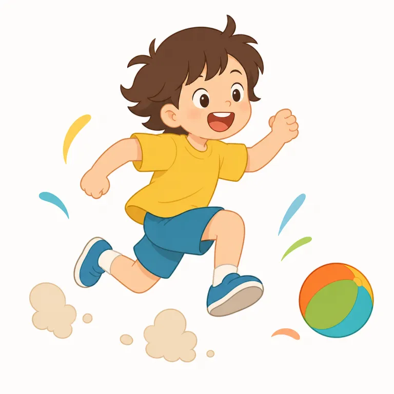 romp（はしゃぐ・動詞）の覚え方イラスト — play よりずっと騒がしく、run より「楽しさ」が前面に出る語