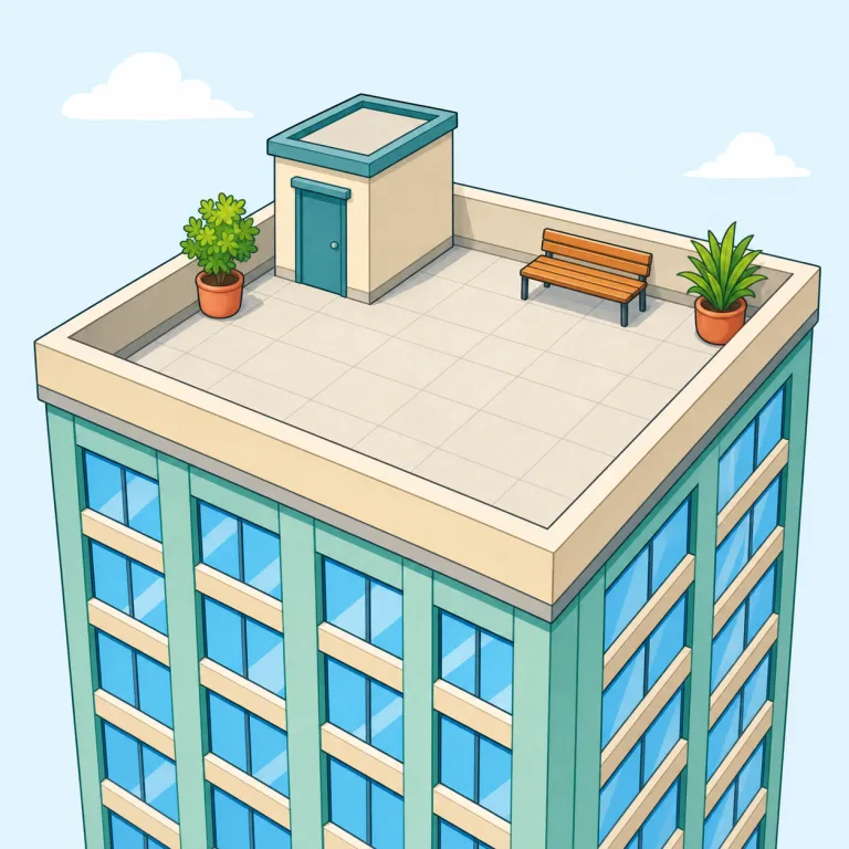 rooftop（屋上・名詞）の覚え方イラスト — roof「屋根」の top「上」と、そのまま二つの基本語に分ければ覚えやすい