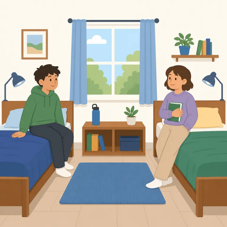 roomed（同室だった・動詞）の覚え方イラスト — room を名詞だけでなく「部屋を使って暮らす・同室になる」という動詞でも捉えると覚えやすいです