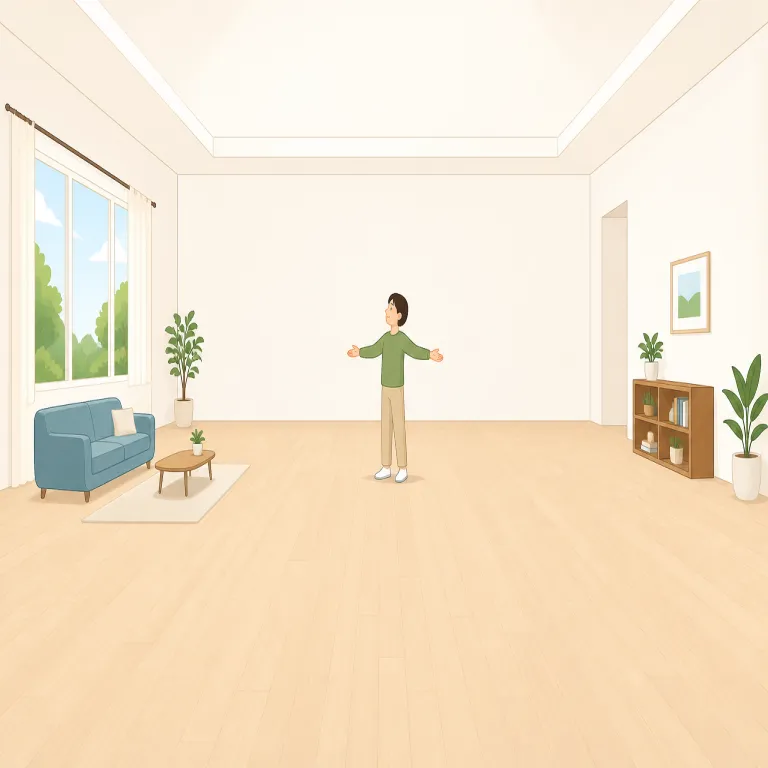 roomy（広々とした・形容詞）の覚え方イラスト — room を知っていれば、「roomy = room がたっぷりある」と考えると覚えやすいです