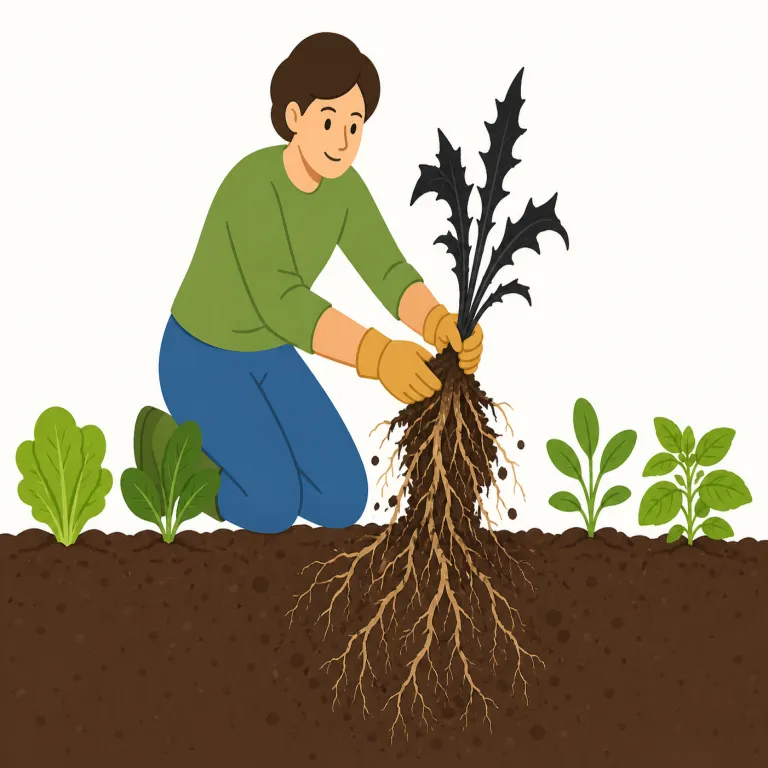 root out（根絶する・句動詞）の覚え方イラスト — root を「根」、out を「外へ」と考えると、悪いものを表面だけ処理せず、根まで掘って外へ引き抜くイメージになります