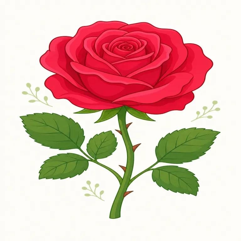 rose（バラ・名詞）の覚え方イラスト — この語は petals「花びら」、thorns「とげ」、bloom「咲く」、rose bush「バラの低木」と一緒に覚えると、花束だけでなく植物としての姿が浮かびます