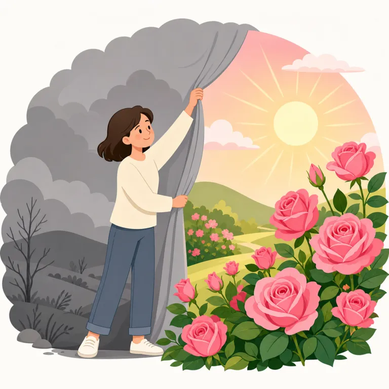 rosier（より明るい、より楽観的な・形容詞）の覚え方イラスト — この rosier は rosy の比較級が、色ではなく状況や見通しに向けられた比喩用法です