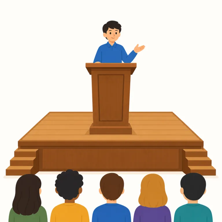 rostrum（演壇・名詞）の覚え方イラスト — 人前で話す場面で覚えると定着しやすい語です