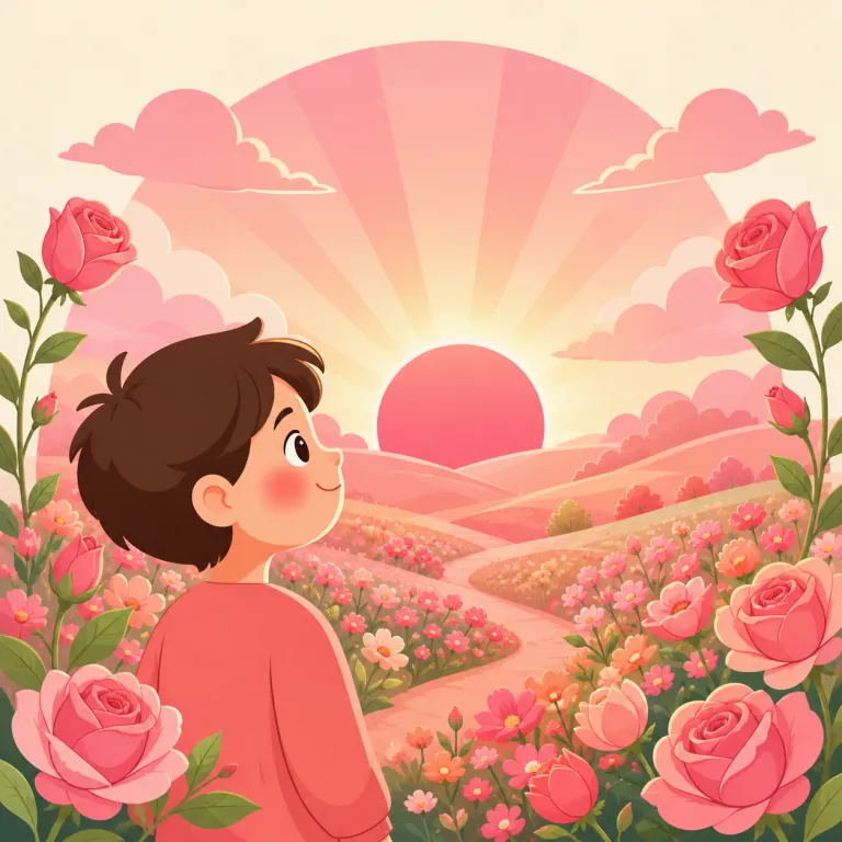 rosy（バラ色の・形容詞）の覚え方イラスト — rosy は rose（バラ）に形容詞を作る -y が付いた語で、「バラ色の」を表す