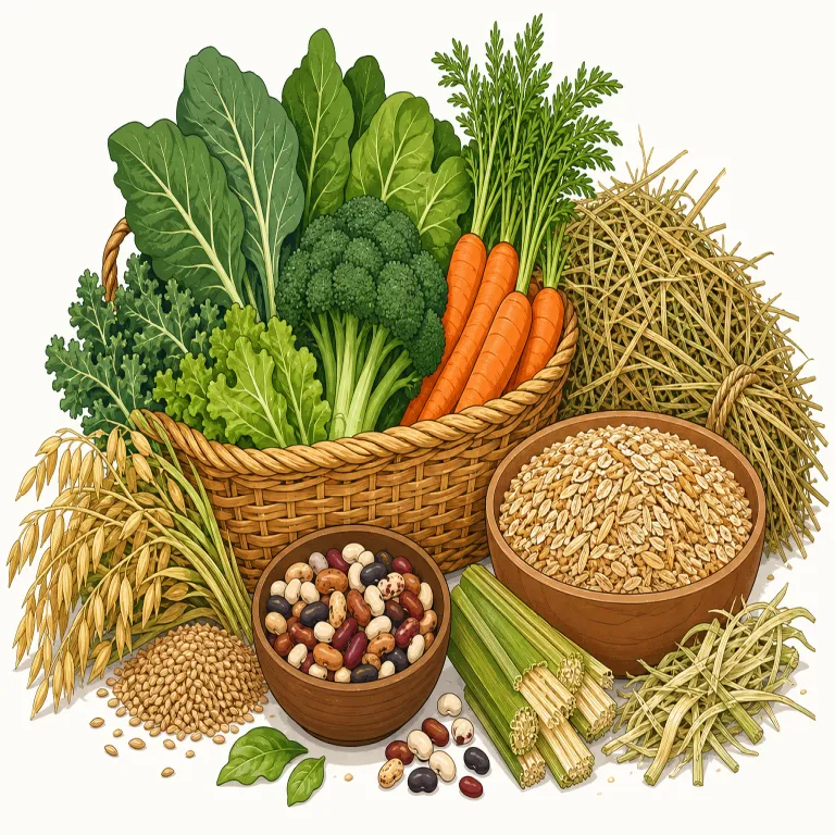 roughage（粗飼料、食物繊維・名詞）の覚え方イラスト — rough を知っていれば、「つるっと消化されない粗いもの」という感覚で覚えやすい
