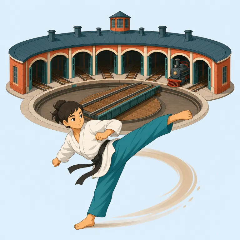 roundhouse（回し蹴り・回し打ち、円形機関車庫・名詞）の覚え方イラスト — round + house でまず「丸い建物」を核に覚えると、円形機関車庫の意味がそのまま取れる