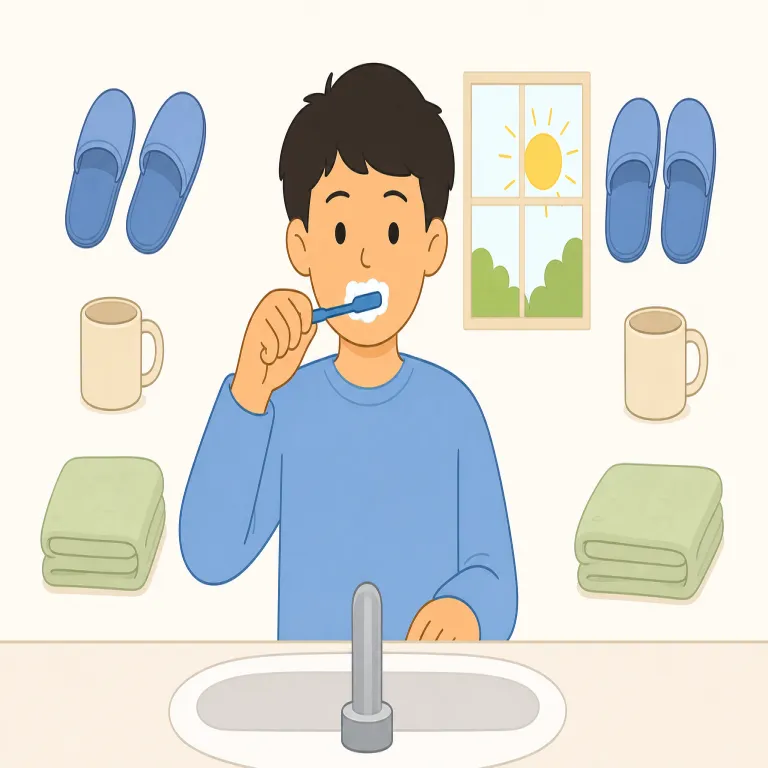 routine（日課・名詞）の覚え方イラスト — routine は「毎回たどる道筋」と考えると、route「道」と結びつけて覚えやすいです