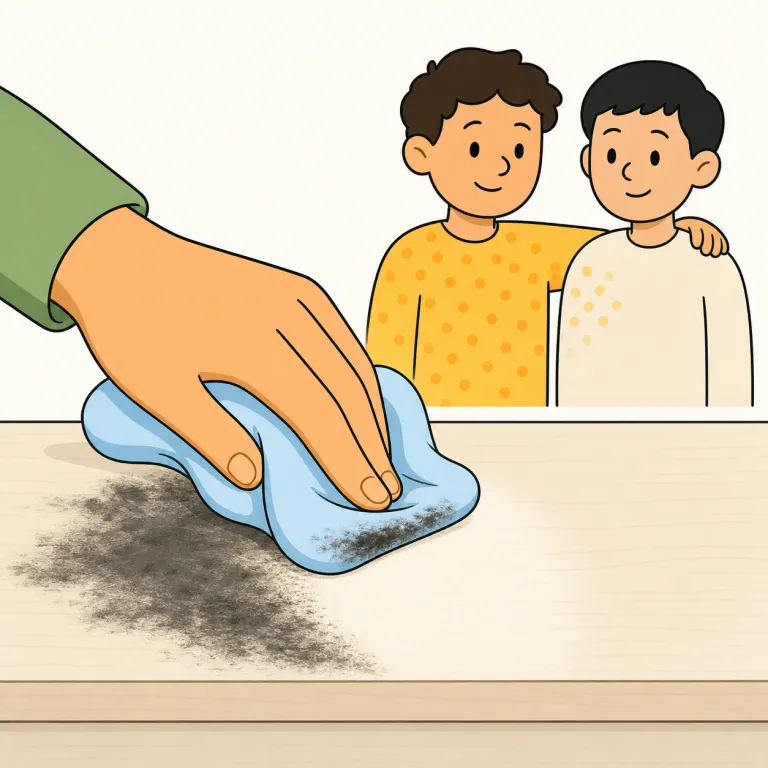rub off（こすれて落ちる・句動詞）の覚え方イラスト — rub は「こする」、off は「離れて・取れて」という方向を表すので、rub off は「こすれることで表面から離れる」と考えると覚えやすいです