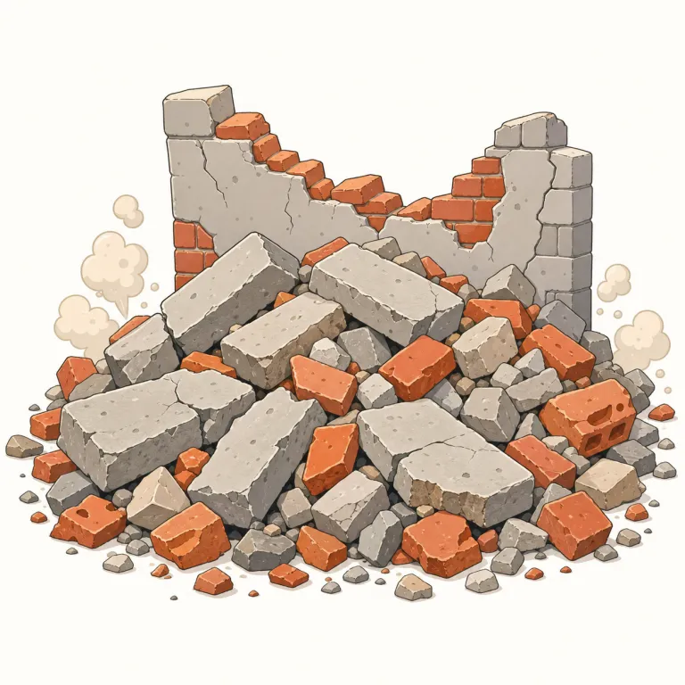 rubble（瓦礫・名詞）の覚え方イラスト — rubble は、地震・爆発・解体などの後に残る「瓦礫」という集合的な名詞です