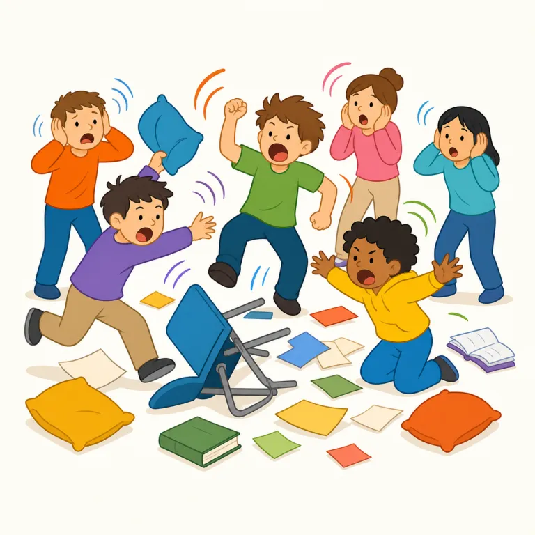 ruckus（騒ぎ・名詞）の覚え方イラスト — ruckus は、ただの "noise" よりも、人が集まって文句を言う・もめる・場が荒れる感じの「大騒ぎ」で覚えると残りやすいです
