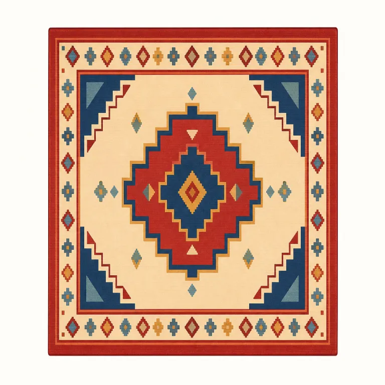 rug（敷物・名詞）の覚え方イラスト — この意味の rug は、床の一部に置く厚手の敷物として覚えます