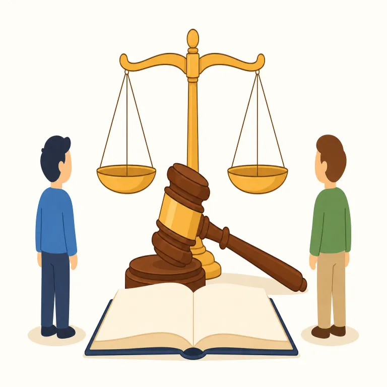 ruling（裁定・名詞）の覚え方イラスト — rule には「規則」だけでなく「判断して決める」感覚もあり、ruling はその結果として出された一件ごとの決定です
