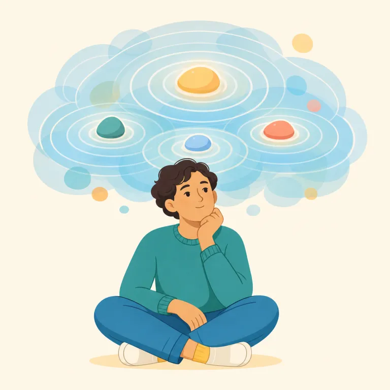 ruminative（思索的な・形容詞）の覚え方イラスト — ruminate は、牛などが食物を何度もかみ直す「反すう」と、頭の中で考えを何度も味わう「熟考」の両方を表します