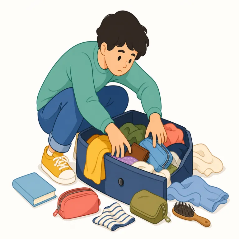 rummage（かき回して探す・動詞）の覚え方イラスト — rummage は search よりも、物の中に手を入れてごそごそ探す感じが強い語です