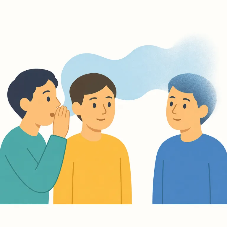 rumor（噂・名詞）の覚え方イラスト — rumor は「誰かがそう言っていた」という形で広がる話を思い浮かべると覚えやすい語です