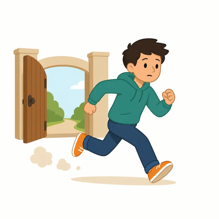 run away（逃げる・句動詞）の覚え方イラスト — 「run」と「away」をそのまま足して「その場から走って離れる」と捉えると、意味の芯がぶれません
