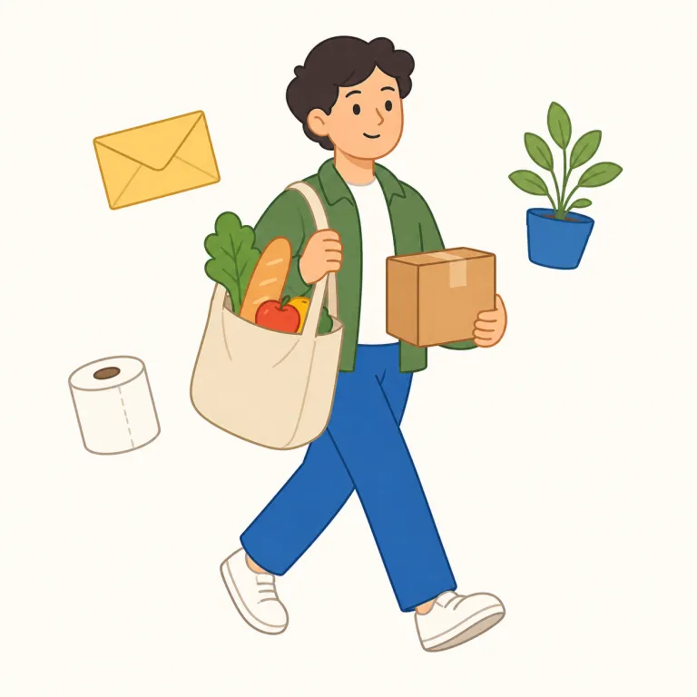 run errands（用事をする・イディオム）の覚え方イラスト — run は「走る」だけでなく run a business / run a program のように「動かす・進める・こなす」に広がる語なので、run errands…