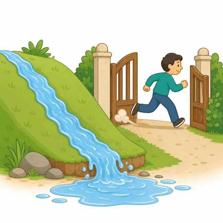 run off（流れ出す／逃げ出す・句動詞）の覚え方イラスト — 「run + off」で「走ってその場を離れる」と捉えると覚えやすい