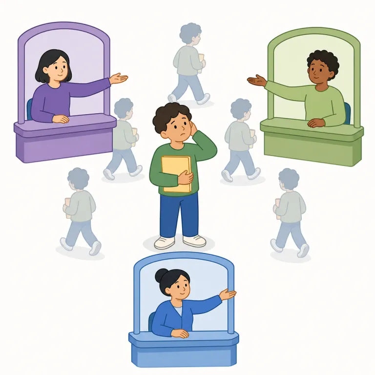 runaround（たらい回し・名詞）の覚え方イラスト — runaround は run + around で、「相手がその場をぐるぐる回るだけで前に進まない」場面を思い浮かべると残りやすい