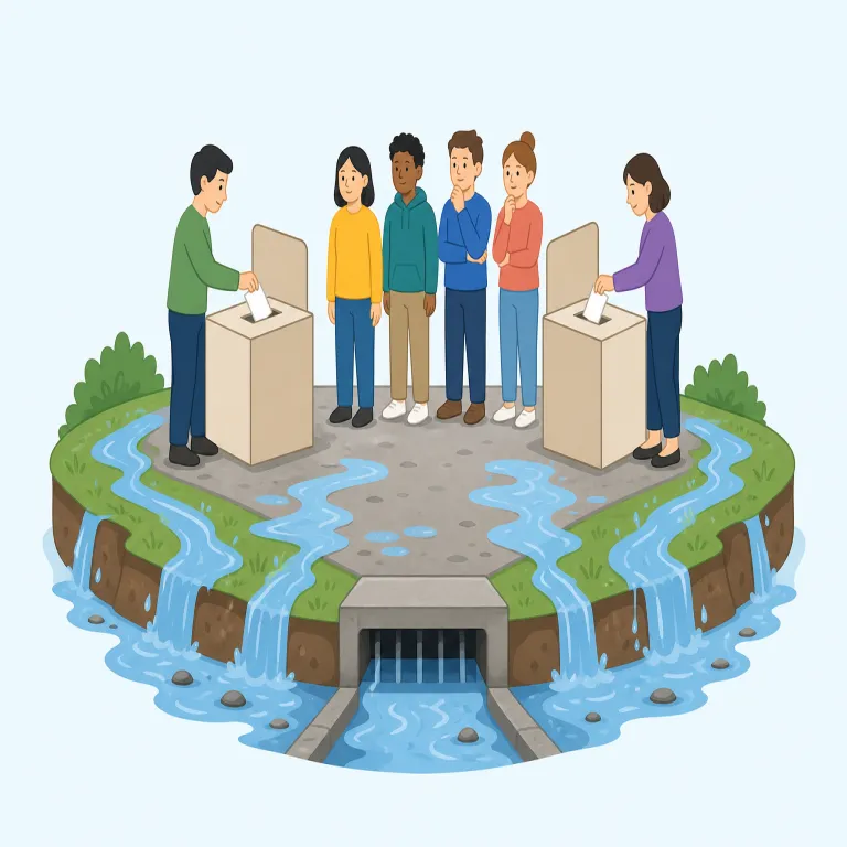 runoff（決選投票・名詞）の覚え方イラスト — election runoff は、最初の投票で勝者が「走り切れず」、上位候補だけがもう一度 run する決勝戦だと考えると覚えやすい語です