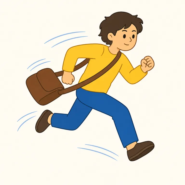 rush（急ぐ・動詞）の覚え方イラスト — 動詞 rush は hurry よりも、切迫感に押されて動き出す感じが強い語です