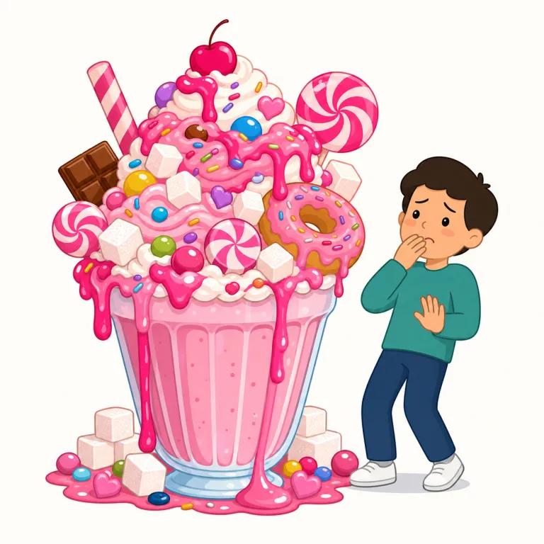 saccharine（甘ったるい・形容詞）の覚え方イラスト — sweet より一段強く、sugary に近いが、saccharine は「甘すぎてうんざりする」感じまで含みやすい語