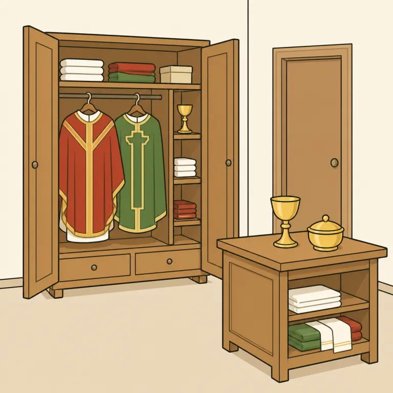sacristy（聖具室・noun）の覚え方イラスト