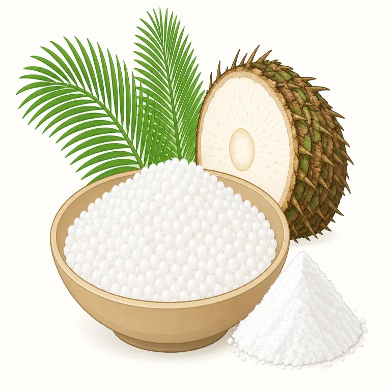 sago（サゴ・名詞）の覚え方イラスト — sago は難しく分解せず、「南国で食べる、ヤシ由来のデンプン」という情景で覚えると残りやすい