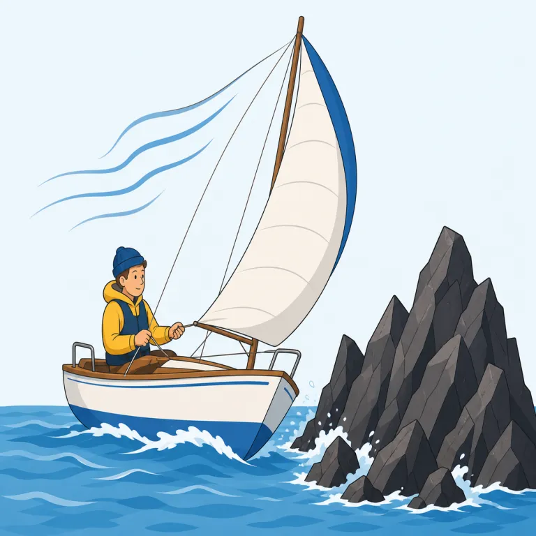 sail close to the wind（危ない橋を渡る・イディオム）の覚え方イラスト — この句は丸ごと覚えるより、`close to the wind` を「風にかなりきわどく寄せて」と映像で持つと残りやすいです