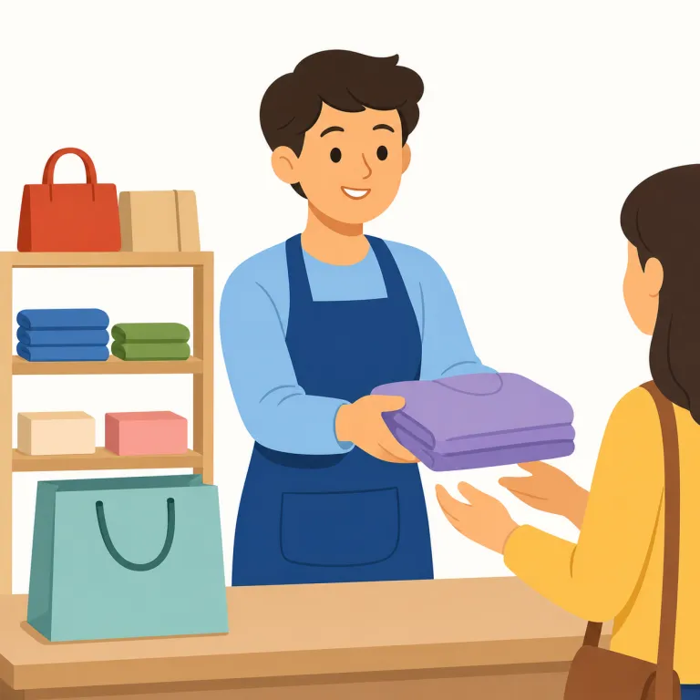 salesperson（販売員・名詞）の覚え方イラスト — この「販売員」は、salesperson を店頭や売り場で客に商品を案内し、購入を助ける人として使う場合に対応する