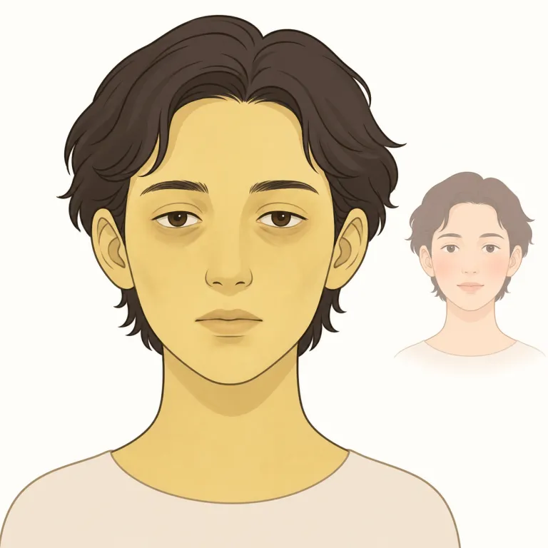 sallow（黄ばんだ・形容詞）の覚え方イラスト — まず pale よりも「黄色みのある不健康な顔色」と寄せて覚えるとよいです