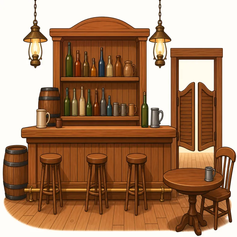 saloon（酒場・名詞）の覚え方イラスト — saloon の「酒場」は、現代の普通の bar というより、古いアメリカ西部の町にある飲み屋を思い浮かべると覚えやすい語です