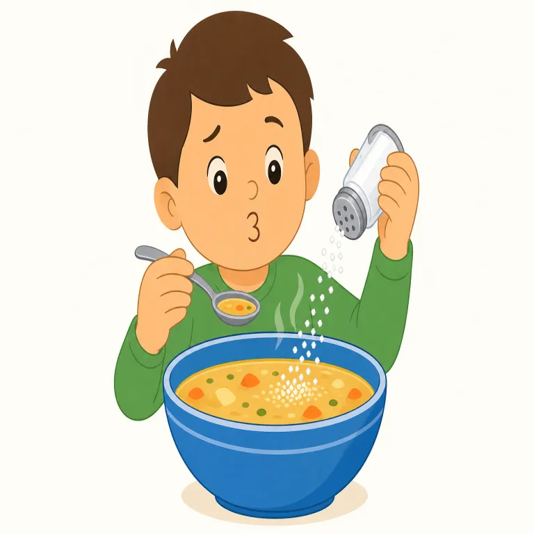 salty（塩辛い・形容詞）の覚え方イラスト — この salty は、単に「塩味の」という味の分類ではなく、塩が強く感じられて「しょっぱい」「塩辛い」と評価する時の意味です