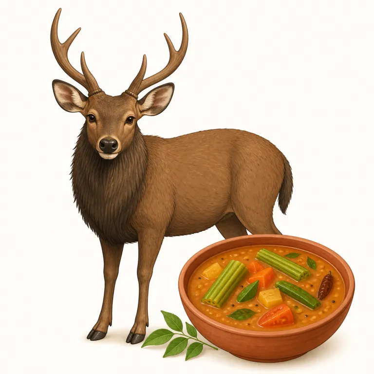 sambar（サンバー（鹿）、サンバール（南インドの煮込み料理）・名詞）の覚え方イラスト — sambar は英語の基本語から意味を推測する単語ではなく、「南アジア由来の文化語」として丸ごと覚えるのが近道
