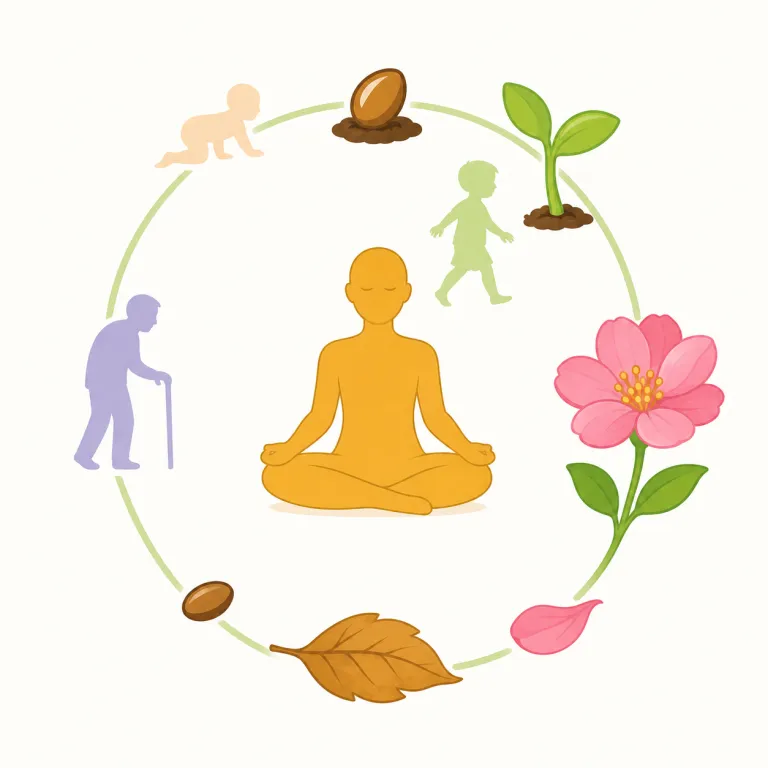 samsara（輪廻・名詞）の覚え方イラスト — 仏教・インド思想の文脈で karma（業）, rebirth（再生）, nirvana（涅槃）とセットで覚えると定着しやすい