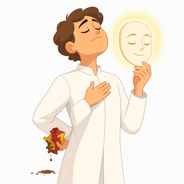 sanctimonious（信心ぶった・形容詞）の覚え方イラスト — `sanct-` は `sanctuary`（聖域）や `sanctify`（神聖にする）と同じく「聖」に関わる語根です