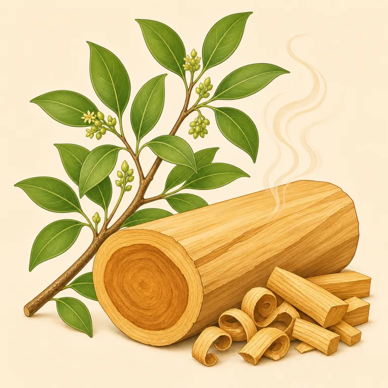 sandalwood（白檀・名詞）の覚え方イラスト — wood が入るので、まず「香りのある木の名前」だと大枠で押さえる